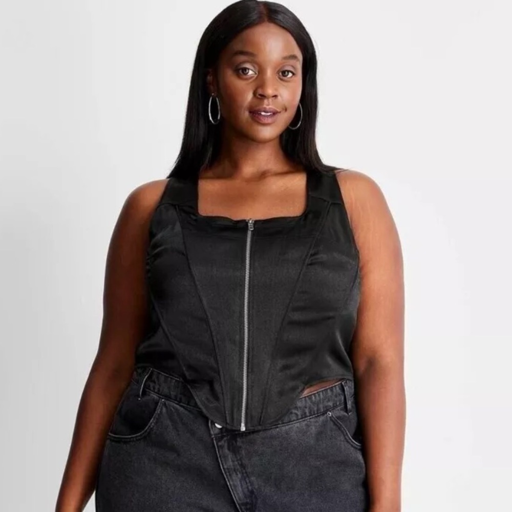 Future Collective Black Bustier Corset Top Sz 28W 30W Zip Front Satin Silky NWT